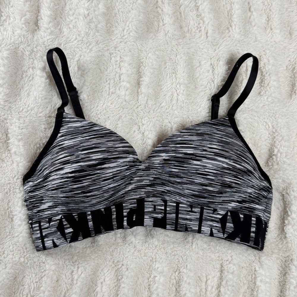 Victorias Secret PINK Bralette XS Black White Space Dye Lightly Lined Wireless